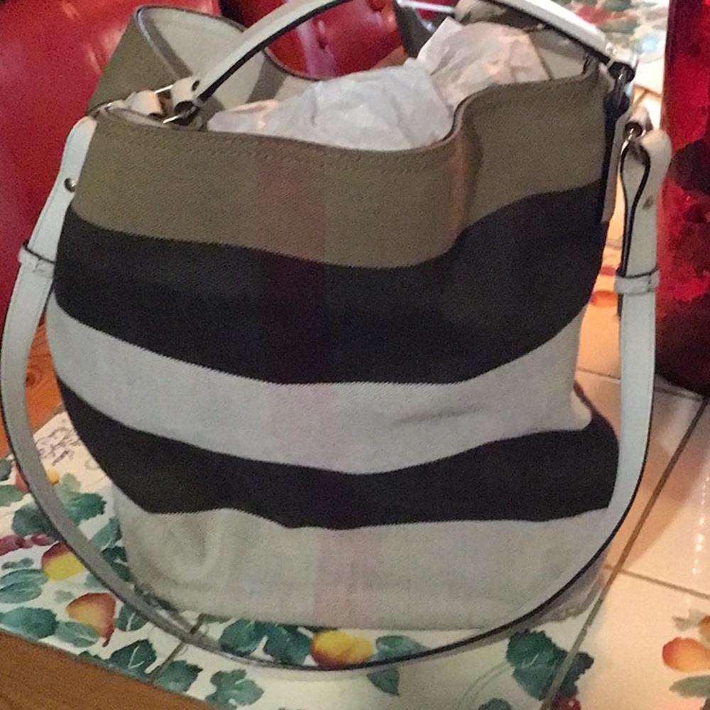 Burberry Ashby Canvas Leather Bucket Bag Nova Mega Check White Purse Shoulder